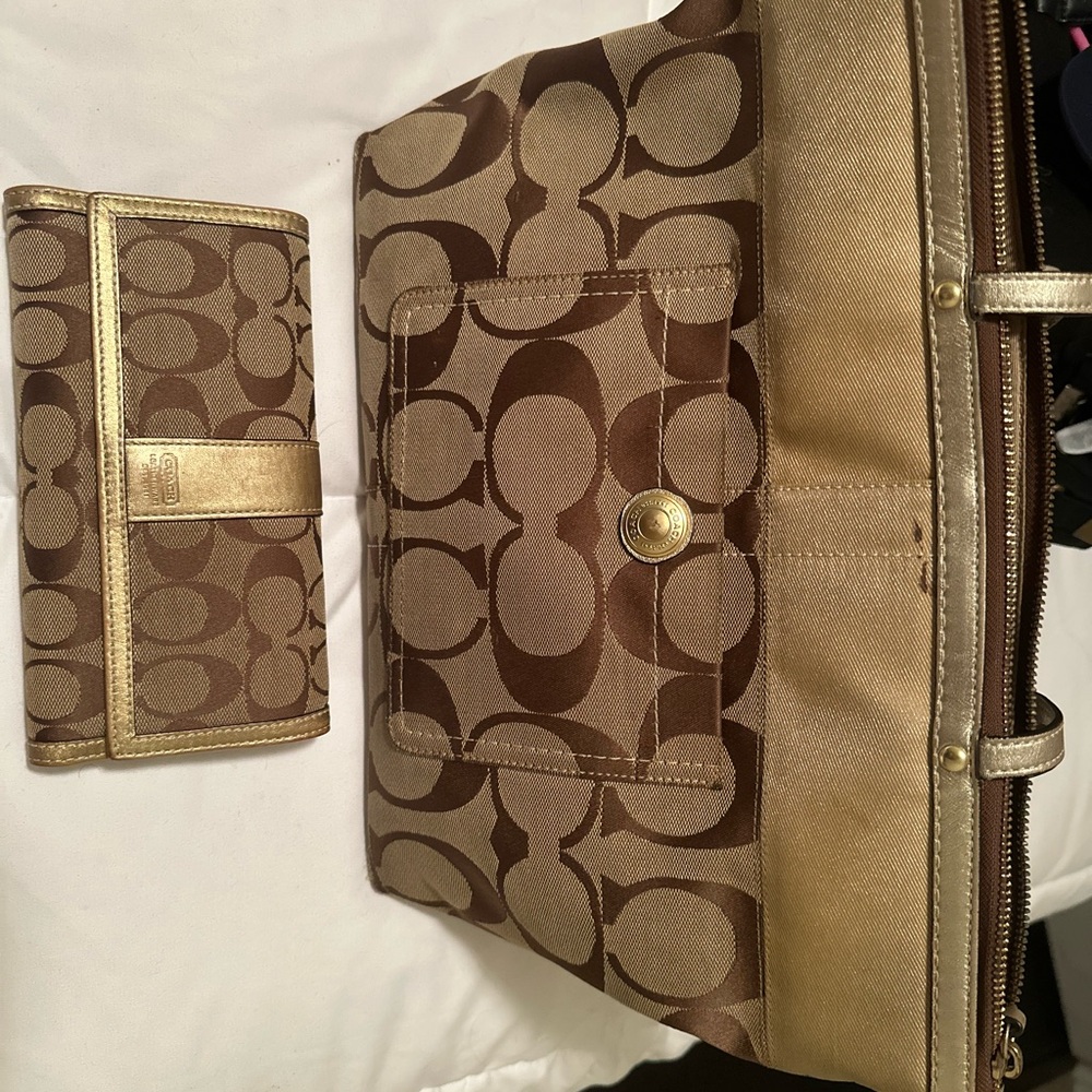 Coach Tan and Gold Signature Tote with Wallet